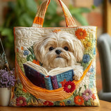 Kézzel készített steppelt táska – Shih tzu, könyvek és virágok