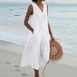 Maria | Elegáns, gombos, V-nyakú nyári ruha