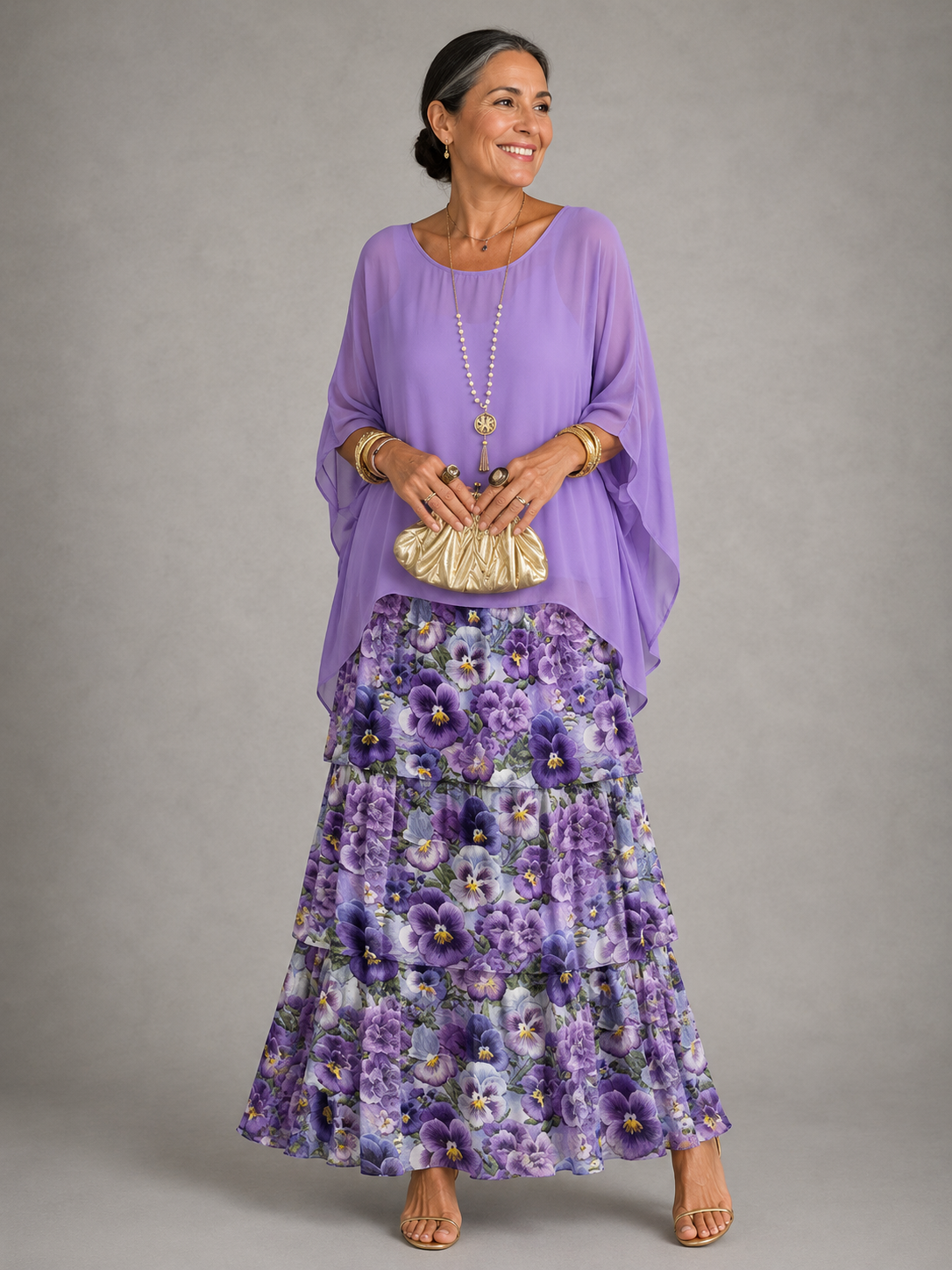 Júlia – elegáns lenge maxi ruha – Virágmintás lila