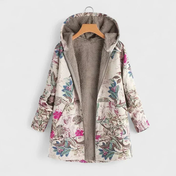 Samantha | Meleg, retró stílusú parka – Púderrózsaszín növényminta