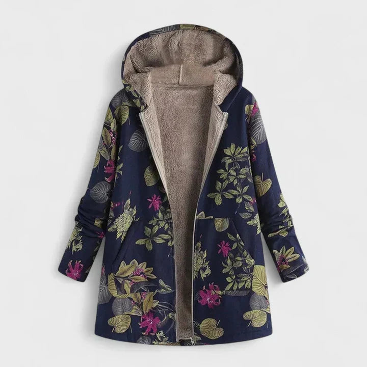Samantha | Meleg, retró stílusú parka – Sötétkék kerti virágminta